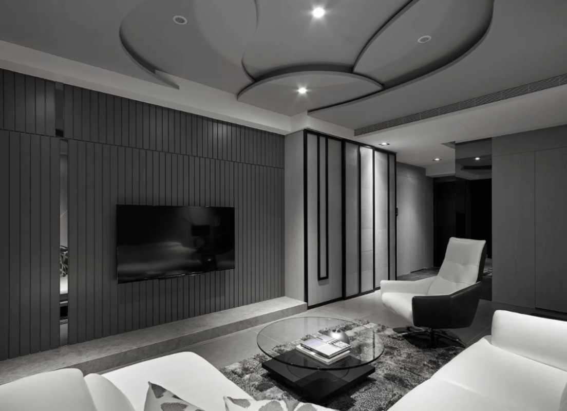 室內設計中 Aurora Interior Design 客廳的黑白照片