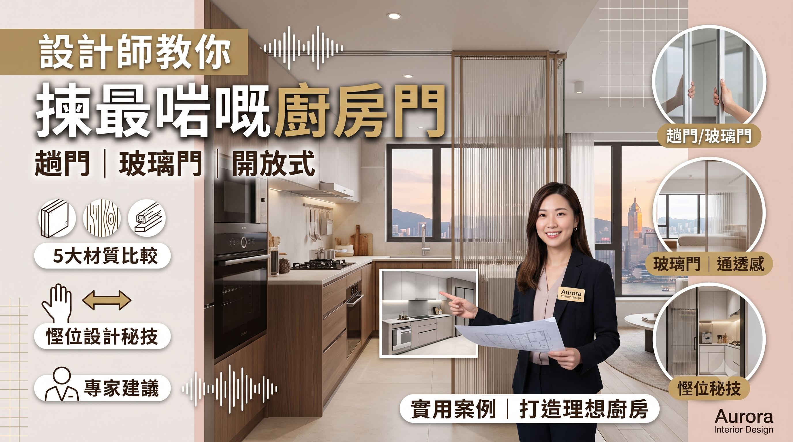 一位身穿西裝的室內設計師站在現代化廚房前，手持一份平面圖，畫面中疊加的文字說明了滑動式與玻璃廚房門的設計、材質比較，以及節省空間的小技巧。.