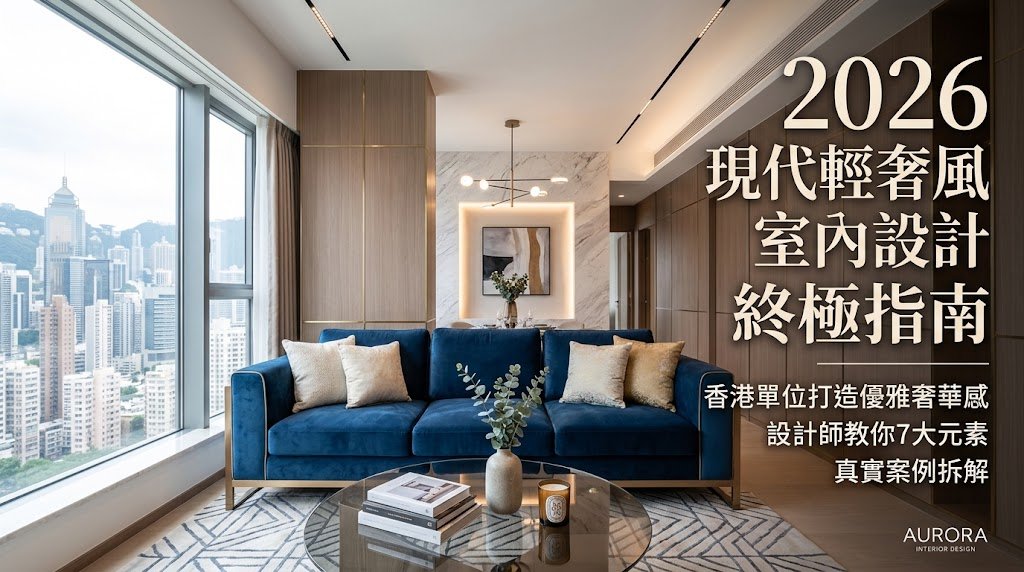 2026 現代輕奢風室內設計指南封面：香港單位藍色絲絨沙發客廳、大理石牆身設計、維多利亞港海景，呈現優雅奢華感